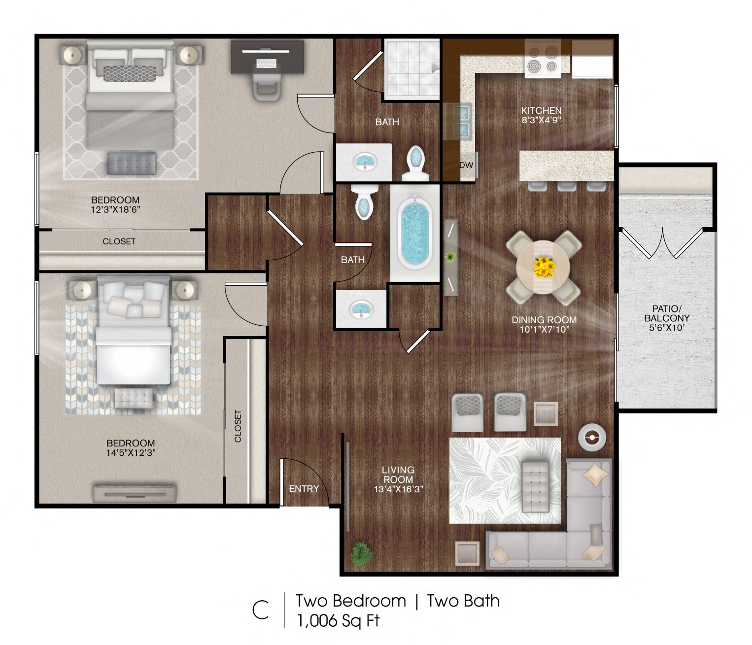 Floor plan for 2 beds, 2 baths, 1006 sqft